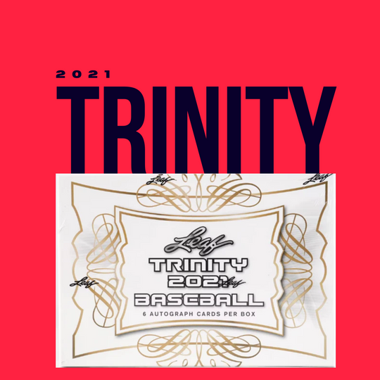 A sealed 2021 Leaf Trinity Baseball Hobby Box by CardChasers MTL is shown against a red background with bold black text reading "2021 TRINITY.