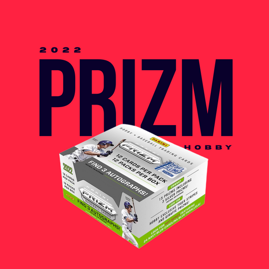The 2022 Panini Prizm Baseball Hobby Box from CardChasers MTL is shown against a bold red background with large dark blue “PRIZM” text behind it.