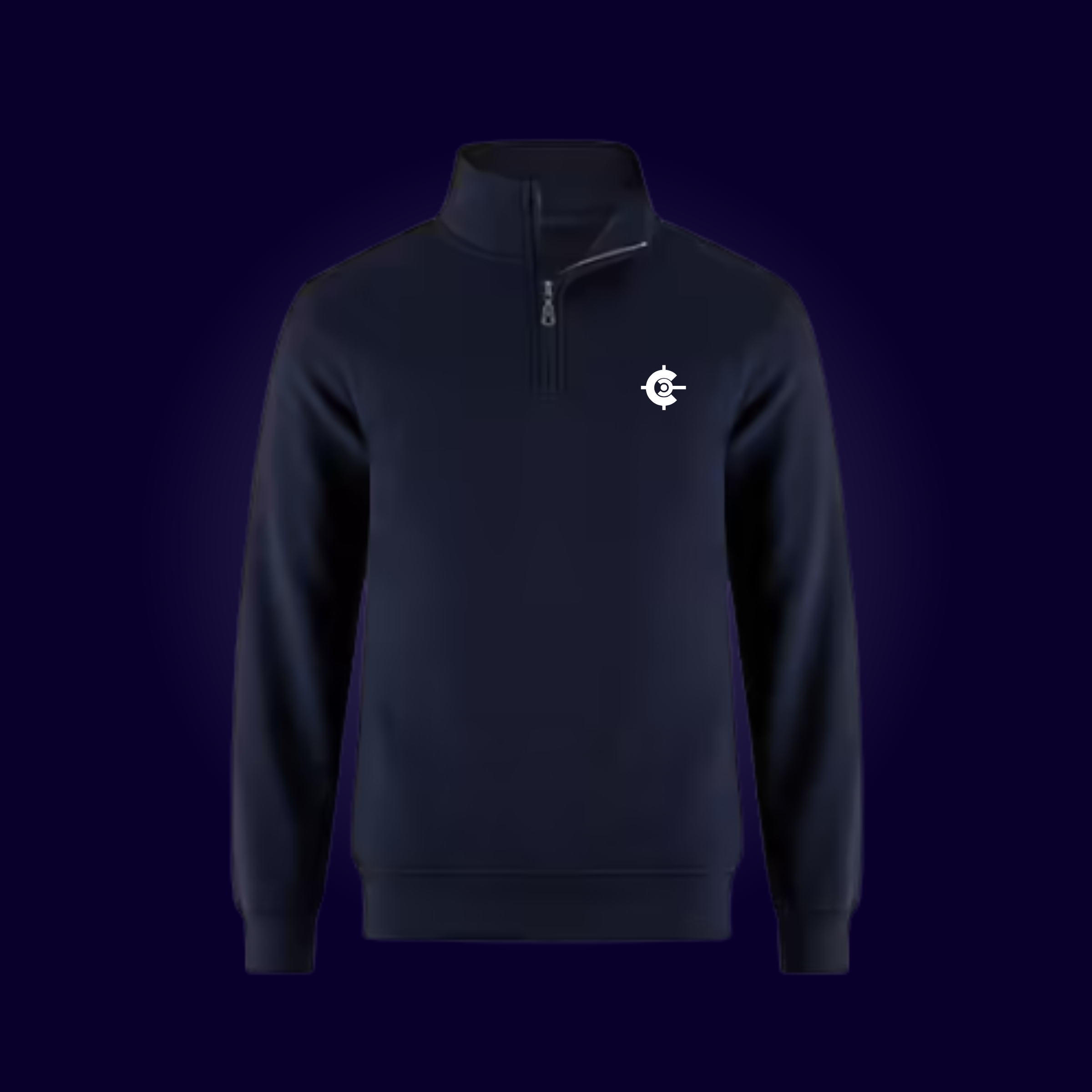 The CardChasers MTL DEMIGOD Half-Zip is a navy blue pullover with a small white logo on the left chest, shown against a dark blue background.