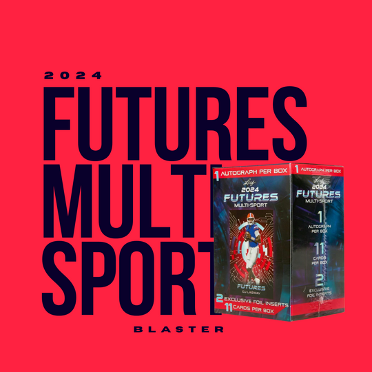 Two 2024 Leaf Futures Multi-Sport Blaster Boxes from CardChasers MTL stand upright on a red background, with bold black text reading "Futures Multisport Blaster.