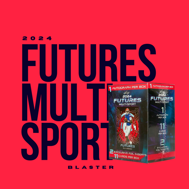 Two 2024 Leaf Futures Multi-Sport Blaster Boxes from CardChasers MTL stand upright on a red background, with bold black text reading "Futures Multisport Blaster.
