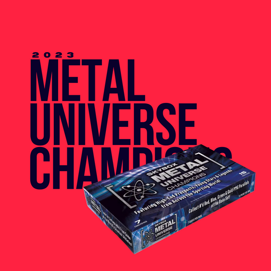 A 2023 Upper Deck Skybox Metal Universe Champions Hobby Box from CardChasers MTL is displayed on a red background with bold "METAL UNIVERSE CHAMPIONS" text.
