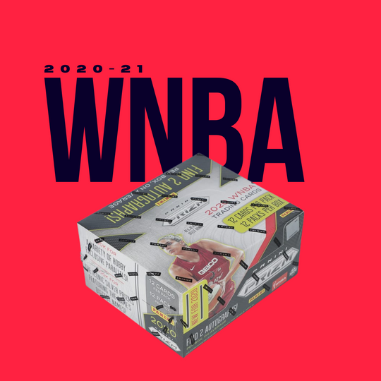 The 2020 Panini Prizm WNBA Hobby Box by CardChasers MTL features a female basketball player on a red background with bold "WNBA" text.