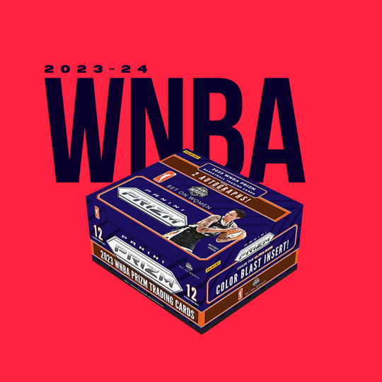A 2023 Panini Prizm WNBA Hobby Box from CardChasers MTL is displayed on a red background with bold "WNBA" lettering and "2023-24" written above.