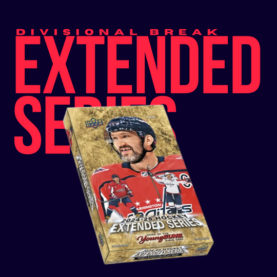 A CardChasers MTL Extended Divy box is shown in front of bold red text reading “EXTENDED SERIES DIVISIONAL BREAK – 4 spots, division per spot” on a dark background.