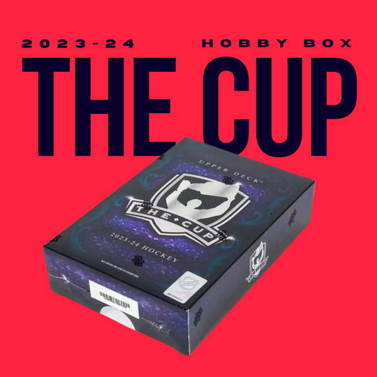 A CardChasers MTL 2023-24 Upper Deck The Cup Hobby Box is displayed on a vibrant red background with bold text.