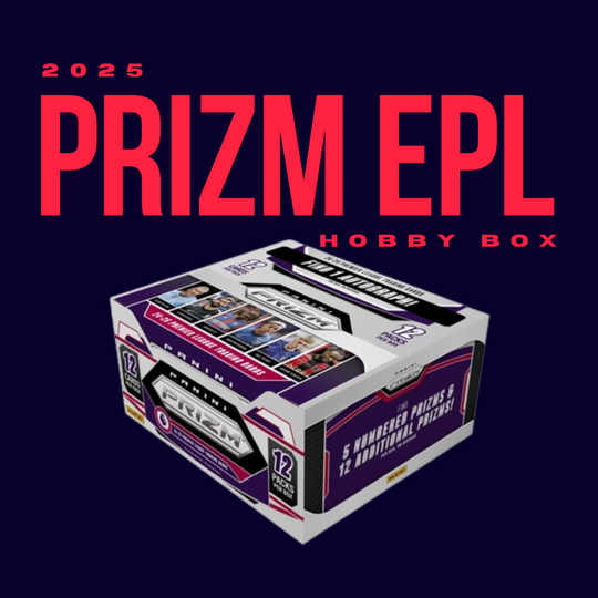 The 2025 Panini Prizm EPL Breakaway Hobby Box from CardChasers MTL features images of soccer players on the packaging, with “12 packs per box” and “5 numbered packs & 12 parallel prizes” highlighted on the box.