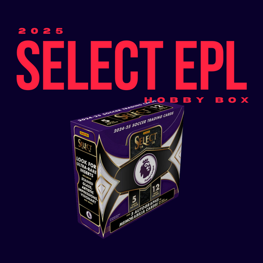 2025 Panini Select EPL Hobby Box by CardChasers MTL shown with soccer trading cards, bold red text, and product details on a dark background.
