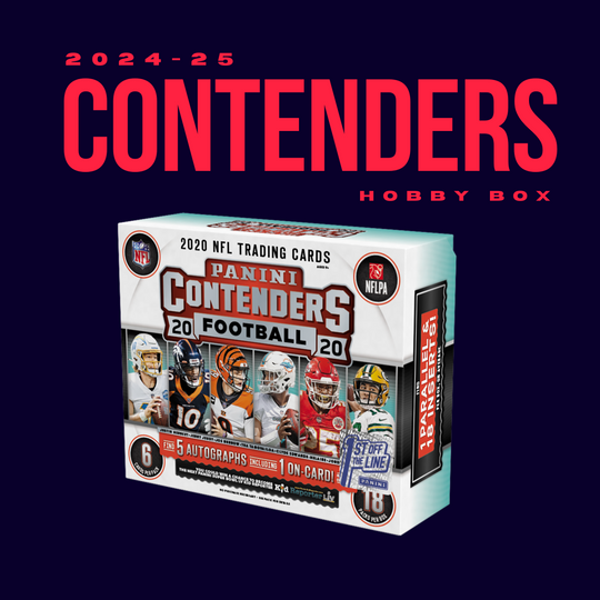 A 2020 Panini Contenders Hobby Box by CardChasers MTL is pictured below bold 2024-25 Contenders Hobby Box text on a dark background, highlighting exclusive NFL autographs and iconic Rookie Ticket cards.
