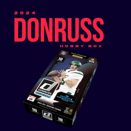 The 2024 Donruss Football Hobby Box by CardChasers MTL showcases an NFL quarterback on the box with red and white text—ideal for football card collectors and Rated Rookie fans.