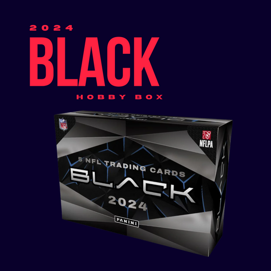 The 2024 Panini Black Football Hobby Box from CardChasers MTL features bold red and white text on a dark blue background. Each box offers autograph-memorabilia cards and rookie patch autograph hits.