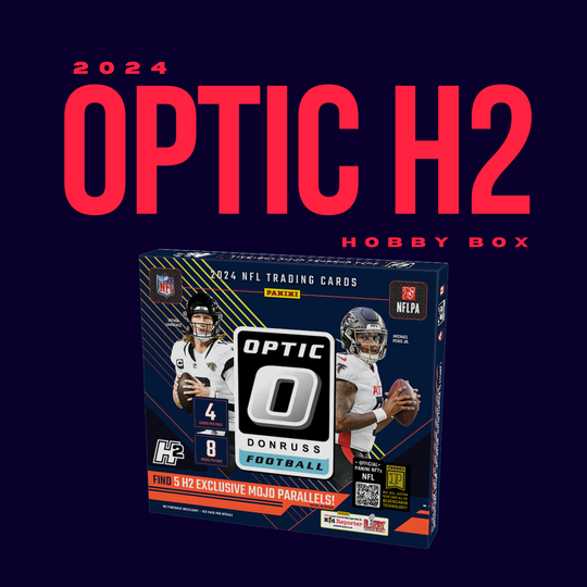 The 2024 Donruss Optic H2 Football Hobby Box by CardChasers MTL offers chances to find exclusive Mojo parallels and autographs, showcased in packaging featuring football players and product details.
