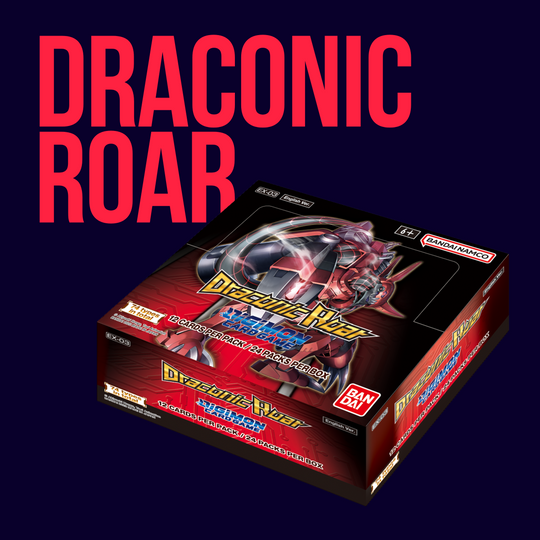 A CardChasers MTL Digimon Draconic Roar Booster Box is showcased on a dark background, bold red "DRACONIC ROAR" text featured above.