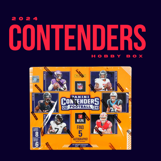 The 2024 Panini Contenders Hobby Box by CardChasers MTL spotlights top football stars, offering 5 Rookie Ticket autographs and includes 8 trading cards per pack with 6 packs in each orange box.