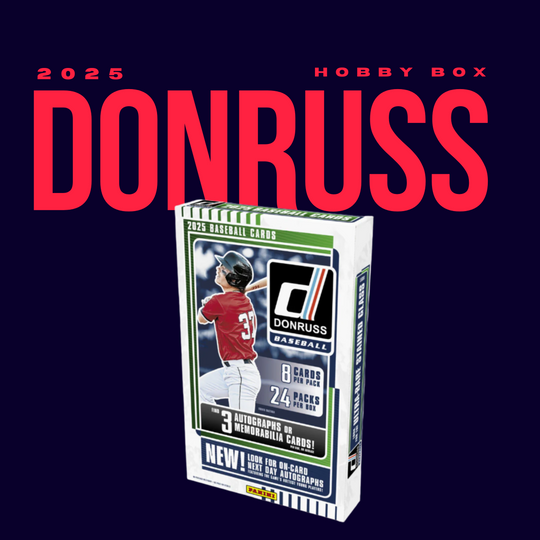 CardChasers MTL 2025 Donruss Baseball Hobby Box shown on a dark background; box highlights 8 cards per pack, 24 packs per box, and the chance to find thrilling On-Card Autographs or memorabilia cards.