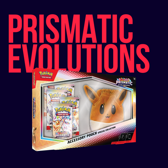 CardChasers MTL’s Pokemon SV8.5 Prismatic Evolutions Accessory Pouch Special Collection includes an Eevee pouch and four Pokémon TCG booster packs, presented with bold text on a dark background.