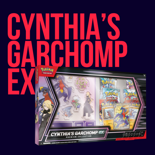 A CardChasers MTL Pokemon Cynthia's Garchomp EX Premium Collection box set is displayed before bold red "Cynthia’s Garchomp ex" text on a dark background.