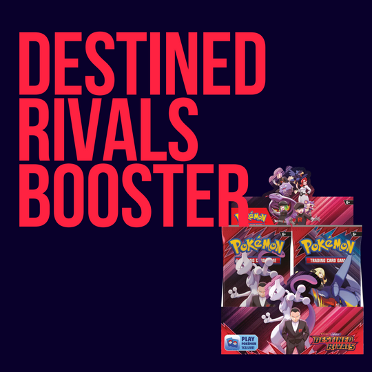CardChasers MTL’s Pokemon SV10 Destined Rivals Booster pack and display box are shown before large red "Destined Rivals Booster" text on a dark blue background.