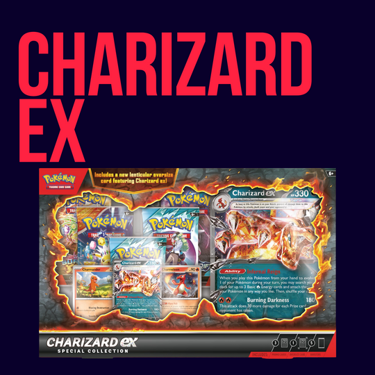 The CardChasers MTL Pokemon Charizard EX Special Collection includes a Charizard EX card, promo cards, booster packs, and packaging with bold red "CHARIZARD EX" on a dark background.