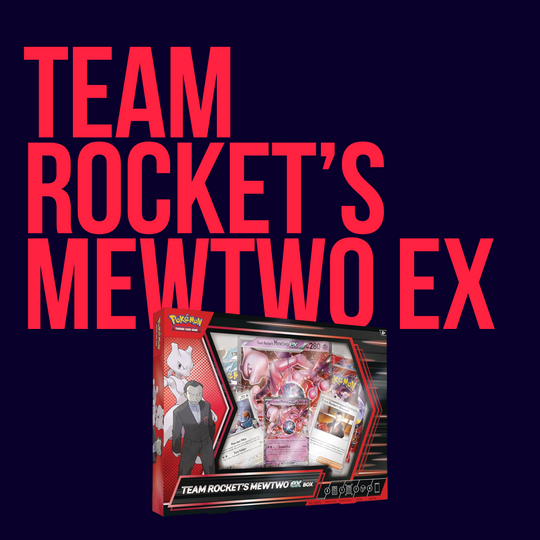 The CardChasers MTL Pokemon Team Rocket's Mewtwo EX Box is displayed in front of bold red “TEAM ROCKET’S MEWTWO EX” text on a dark background.