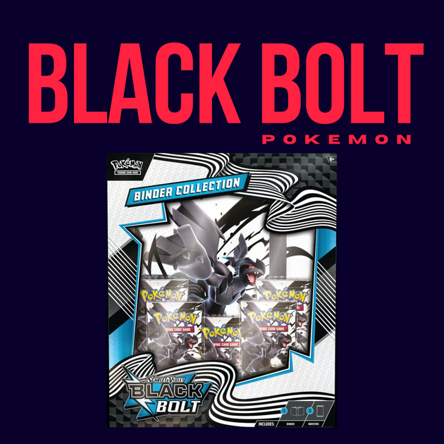 A CardChasers MTL Pokemon Black Bolt Binder Collection box with cards and binder is displayed on a dark background, with "BLACK BOLT POKEMON" in bold text above.