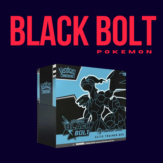 The CardChasers MTL Pokemon Black Bolt Elite Trainer Box showcases a stylized black and blue Pokémon on a dark backdrop with bold red "BLACK BOLT" text—ideal for collectors and fans wanting exclusive booster packs.