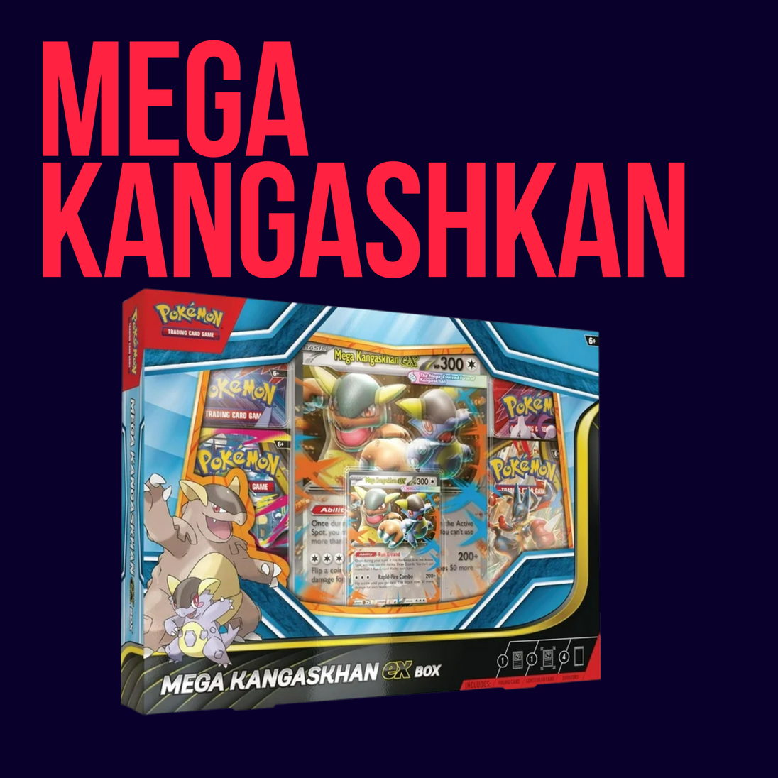 A CardChasers MTL Mega Kangaskhan Ex Box Pokémon TCG set is shown against a dark background, with bold red "MEGA KANGASKHAN" text above the box and several included booster packs visible.