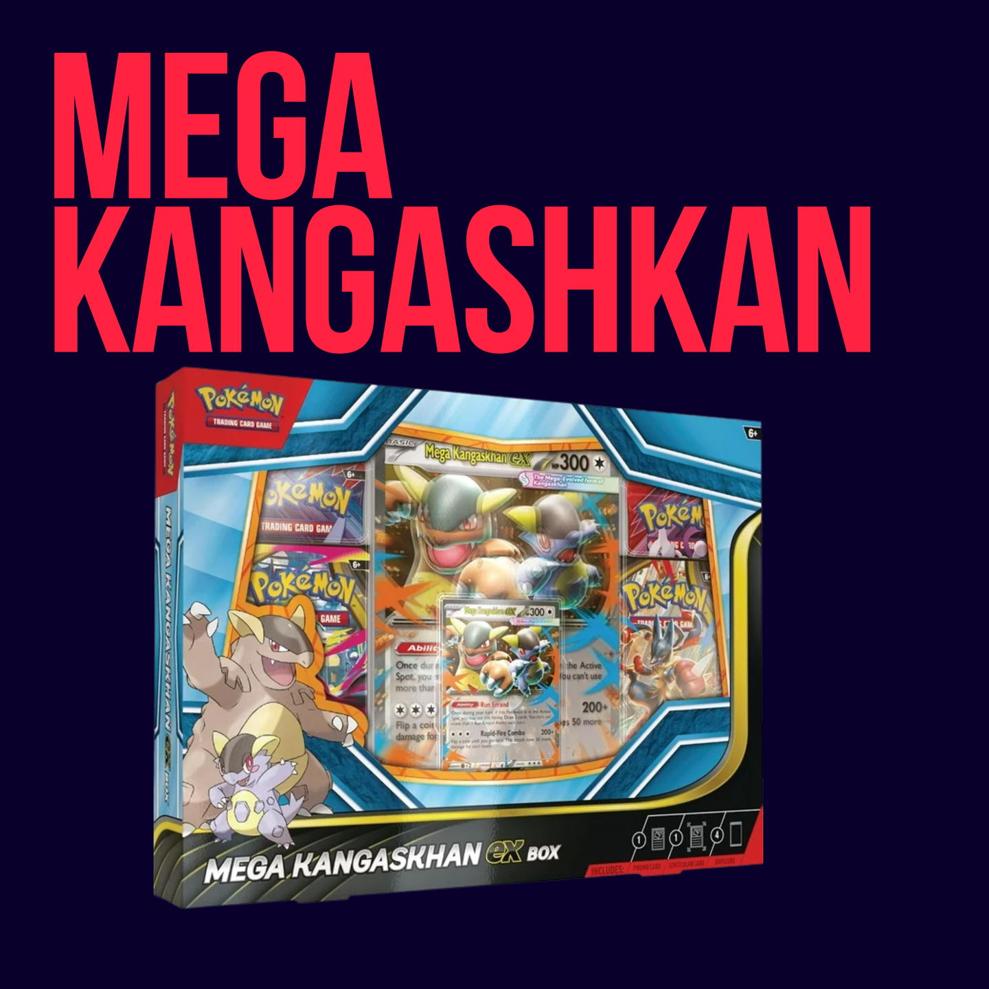 A CardChasers MTL Mega Kangaskhan Ex Box Pokémon TCG set is shown against a dark background, with bold red "MEGA KANGASKHAN" text above the box and several included booster packs visible.