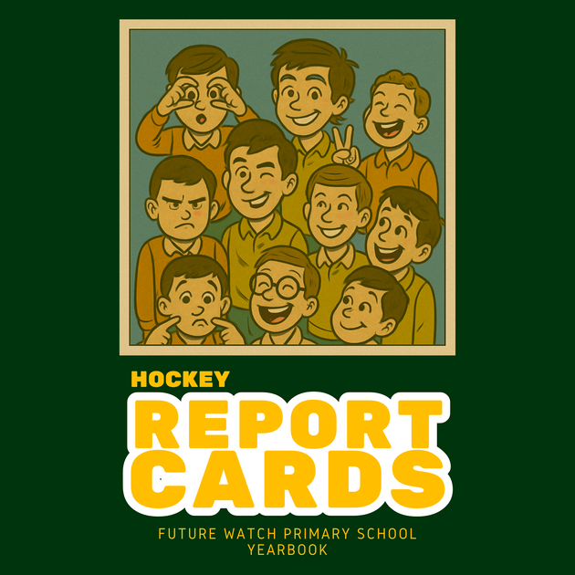 Cartoon boys with different expressions pose above "Hockey Report Card Future Watch Edition" by CardChasers MTL on a green background, styled like sports card yearbooks with graded card visuals.