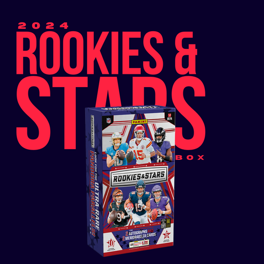 The 2024 Panini NFL Rookies & Stars Hobby Box from CardChasers MTL features top NFL players, with highlighted rookie cards, autographs, and memorabilia cards.