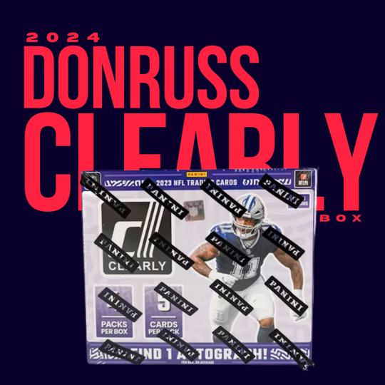 2024 Donruss Clearly NFL Hobby Box by CardChasers MTL features a football player image, Panini-branded seal, and chances to find Rated Rookie Autographs on eye-catching acetate cards.