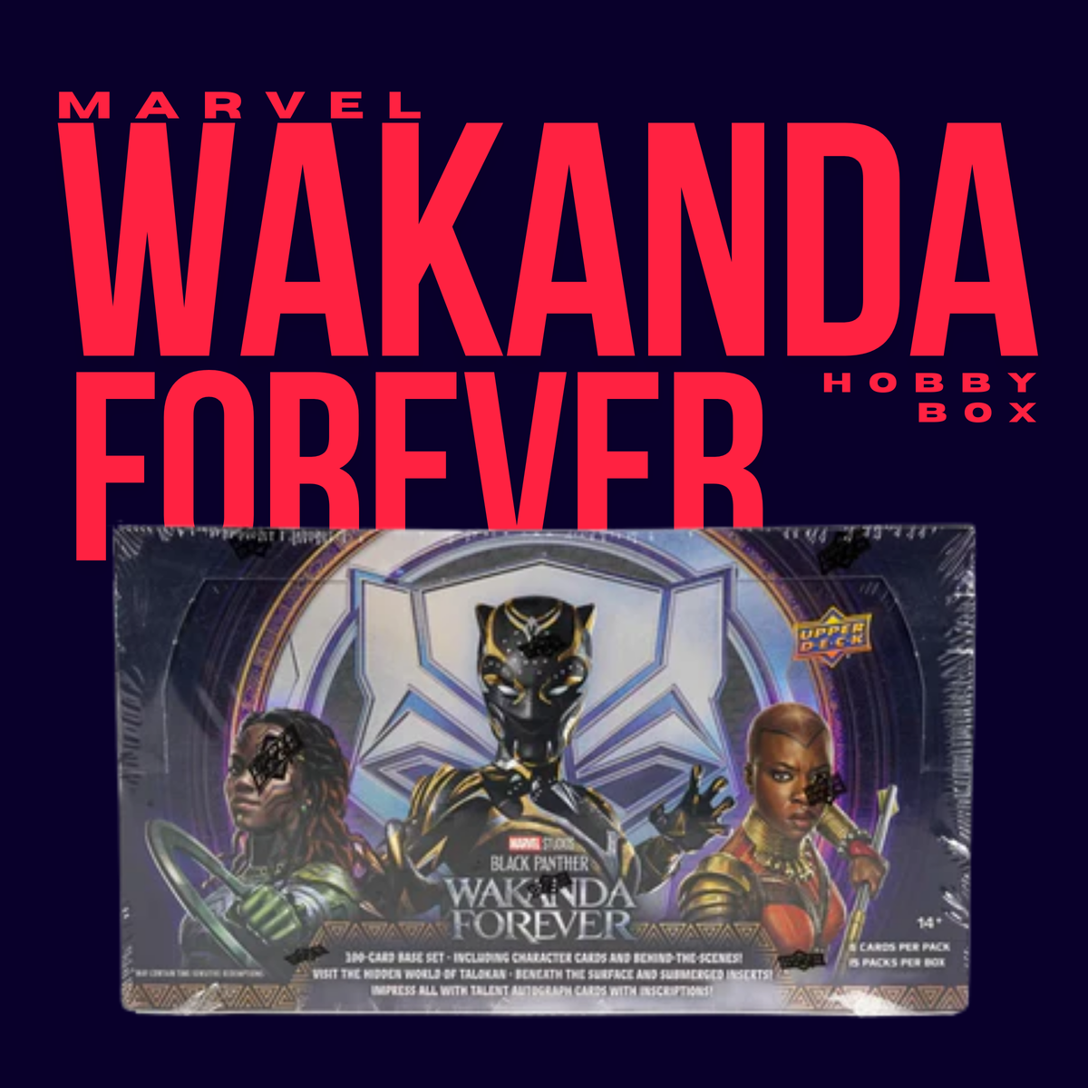 The CardChasers MTL Marvel Wakanda Forever Hobby Box features Shuri, Black Panther, and Okoye with bold red “Wakanda Forever” text—a must-have for collectors seeking exclusive Black Panther cards and hobby hits.