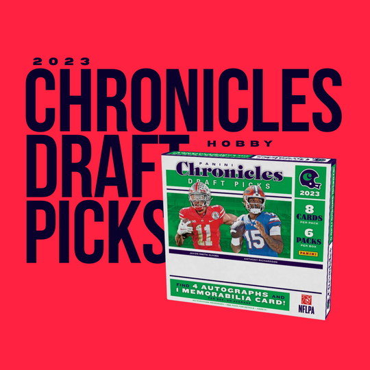 The 2023 Panini Chronicles Draft Picks Hobby Box from CardChasers MTL features Spectra football inserts, 8 cards per pack, 6 packs per box, and 4 autographs or memorabilia cards—ideal for any NFL Draft fan.