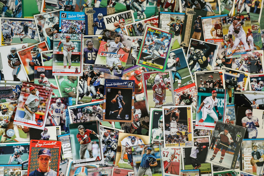 Sports cards spread out on a table