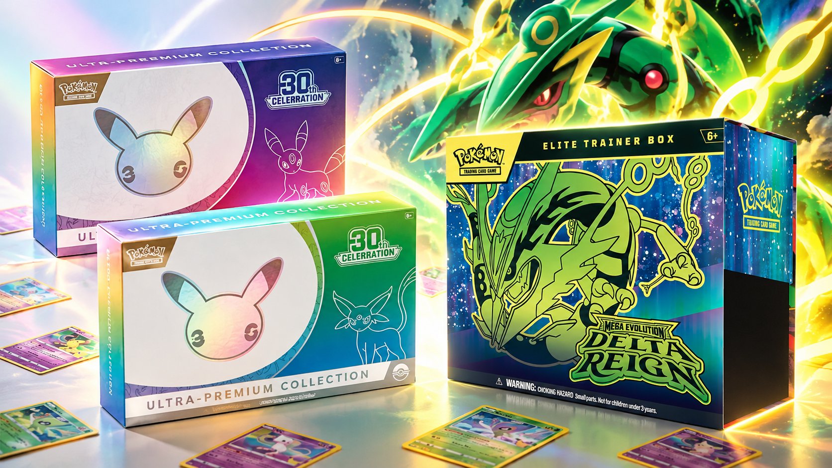 30th Celebration Ultra Premium Collection Day and Night boxes with the Mega Evolution—Delta Reign Elite Trainer Box