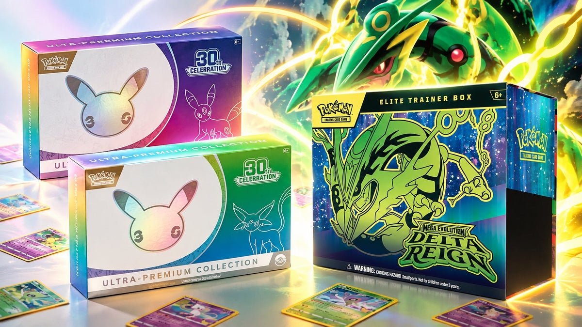 30th Celebration Ultra Premium Collection Day and Night boxes with the Mega Evolution—Delta Reign Elite Trainer Box