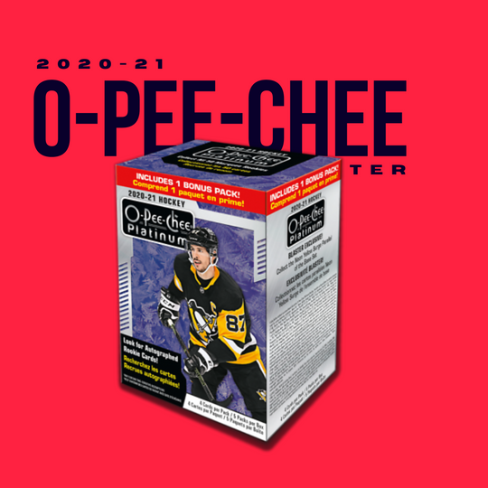 The 2020-21 Upper Deck O-Pee-Chee Platinum Blaster Box by CardChasers MTL features a player in a black and yellow uniform on the front, set against a red background.