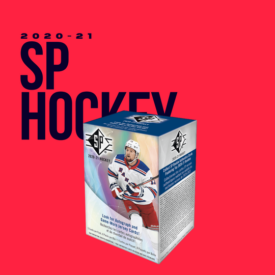 2020-21 Upper Deck SP Blaster by CardChasers MTL, featuring a hockey player in a white jersey and helmet on a red background with bold text.