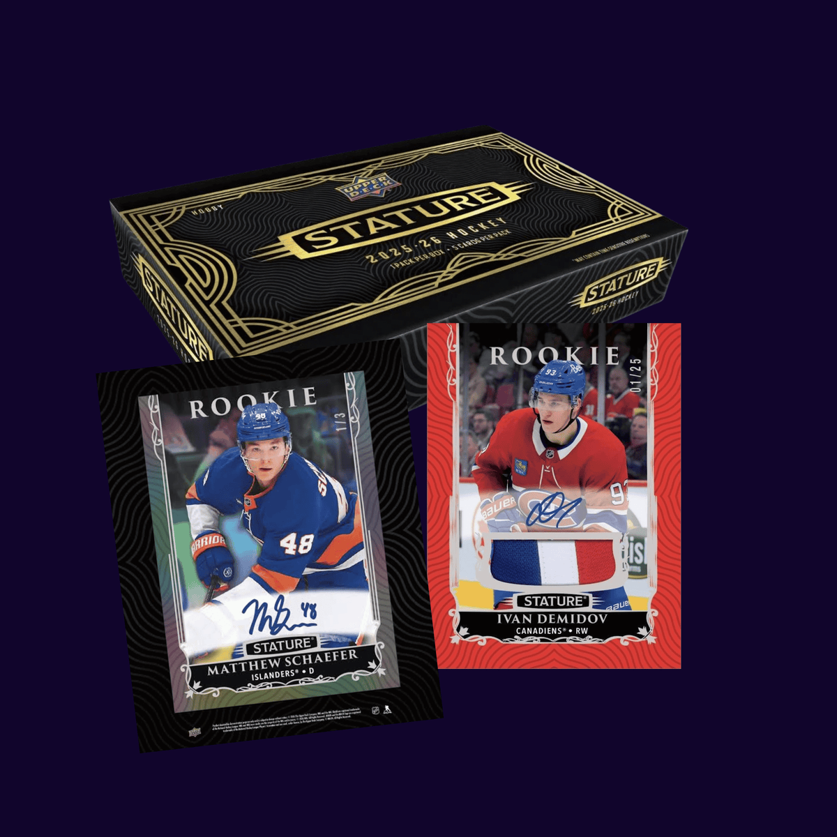 2025-26 Upper Deck Stature Hobby Box with Matthew Schaefer and Ivan Demidov rookie autograph cards